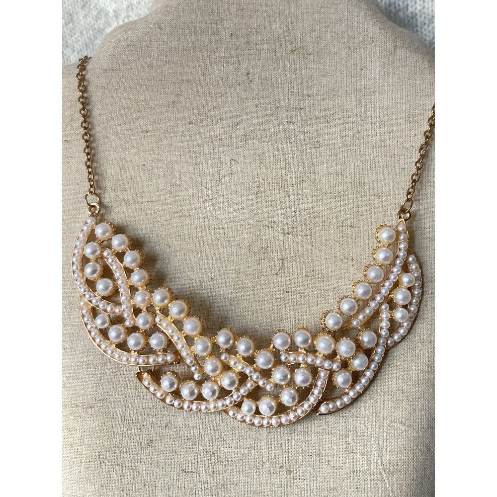 Gold Tone Faux Pearl Statement Bib Necklace Scalloped Openwork Wedding Bridal